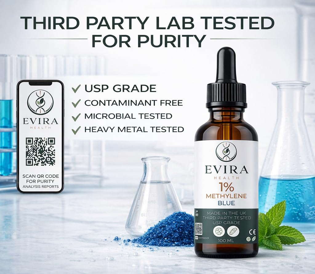 Evira Health Methylene Blue 1% Solution | 100ml Large Volume | USP Grade | Laboratory Prepared | Third-Party Tested | UK Made