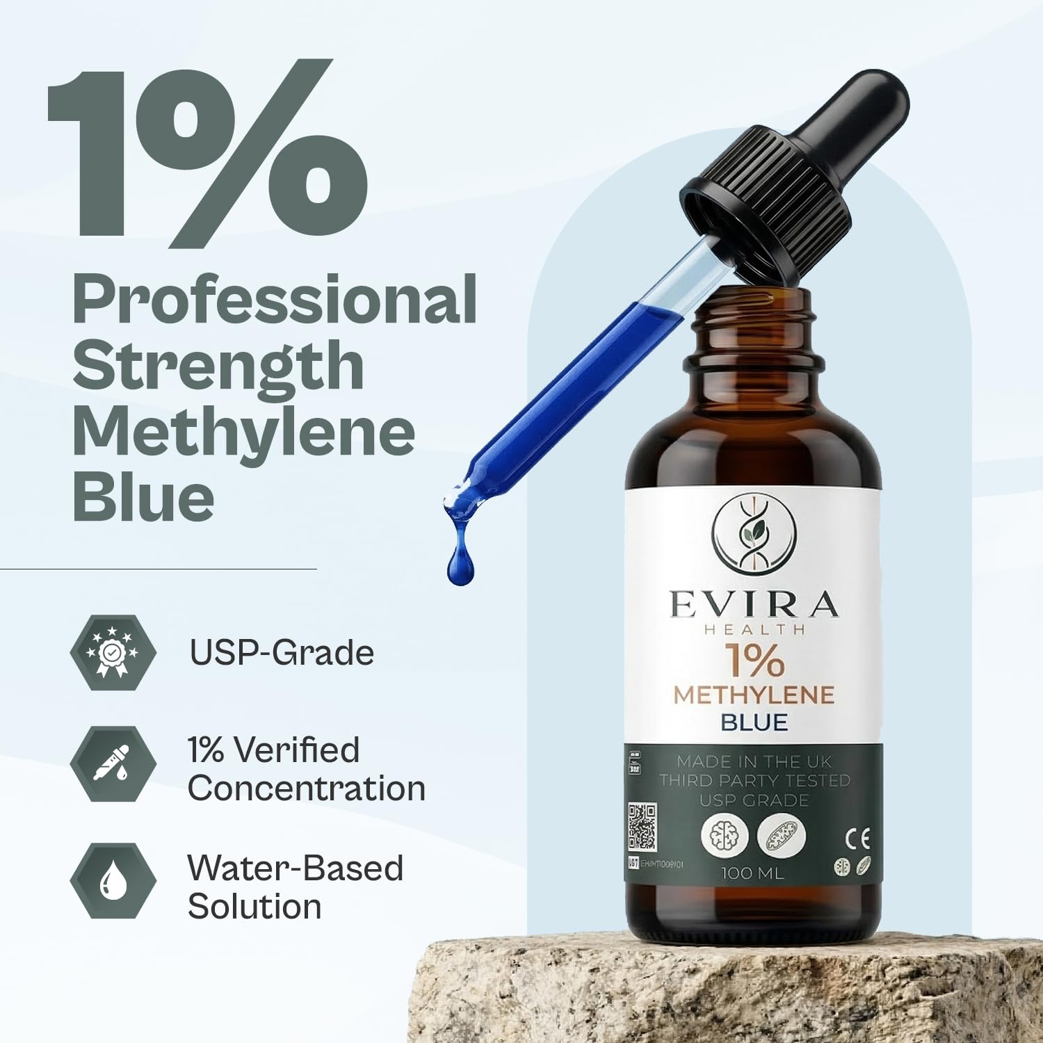 Evira Health Methylene Blue 1% Solution | 100ml Large Volume | USP Grade | Laboratory Prepared | Third-Party Tested | UK Made