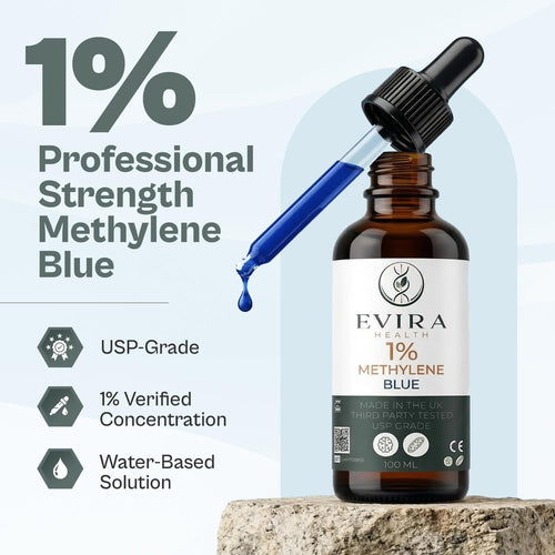Evira Health Methylene Blue 1% Solution | 100ml Large Volume | USP Grade | Laboratory Prepared | Third-Party Tested | UK Made