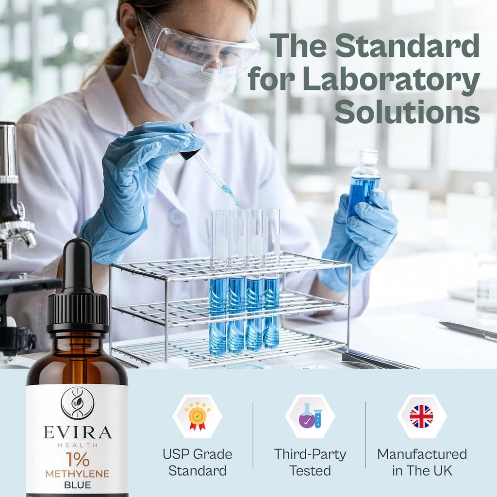 Evira Health Methylene Blue 1% Solution | 100ml Large Volume | USP Grade | Laboratory Prepared | Third-Party Tested | UK Made