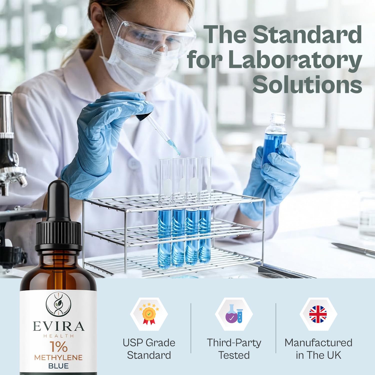 Evira Health Methylene Blue 1% Solution | 100ml Large Volume | USP Grade | Laboratory Prepared | Third-Party Tested | UK Made
